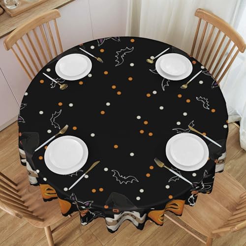 Black Halloween Round Tablecloth 60 Inch Spooky Pumpkin Ghost Cat Design Waterproof