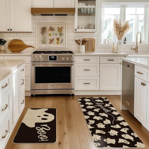 Ghosts Boo Halloween Kitchen Mats Set of 2 - 17x29 & 17x47 Black