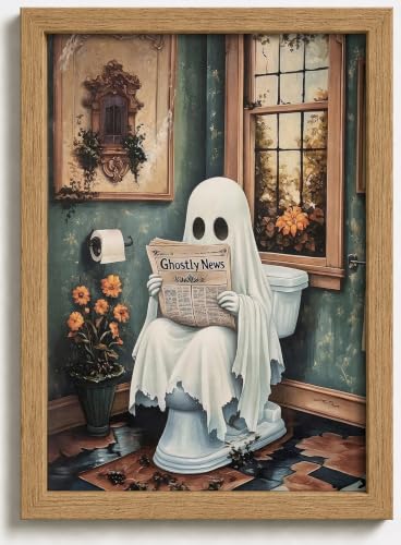 Ghost Reading Newspaper Wall Art - 10x8 Inch Framed Halloween Bathroom Decor - Whimsical Ghost Wall Print