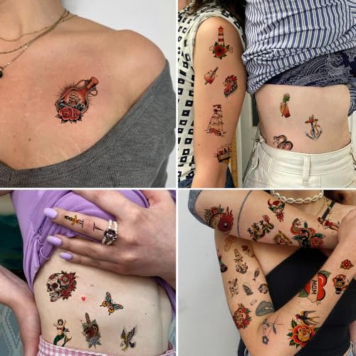 Temporary Tattoos Set 96PCS American Traditional Retro Style Adults - Retro Heart Variation