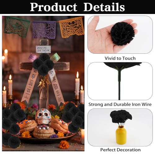 Black Artificial Marigold Flowers 50 Pcs Silk Fake Flowers for Decoration