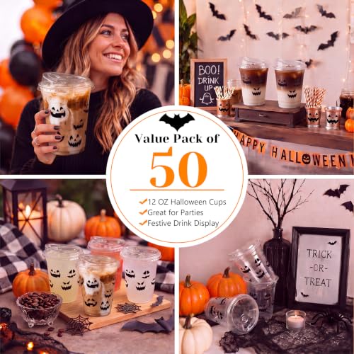 Halloween Pumpkin Cups with Lids - 12 oz, 50 Pack, Pumpkin Variation