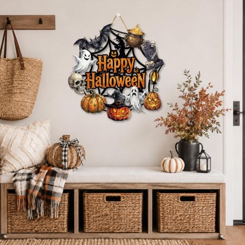 Halloween Decor Sign with Bat, Ghost, Skeleton & Pumpkin - 12x12 Inches