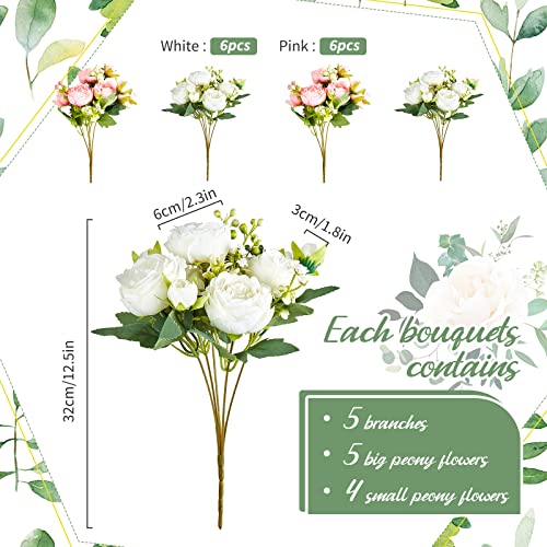 Silk Peony Flower Bundles - White & Pink Faux Flowers for Home & Wedding Decor - 12 Pack
