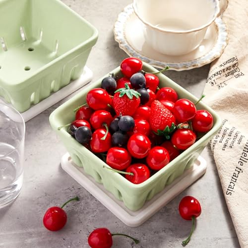 LemonRoad Ceramic Berry Basket with Coaster Lid - Light Green Farmhouse Style
