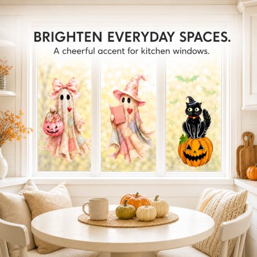 Halloween Window Clings - Cute Ghosts & Pumpkins Static Decal Set - Autumn Ghost Trio Variation