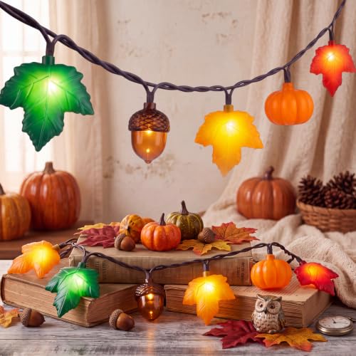 8.5FT Fall Pumpkin Maple Leaf Acorn String Lights - Outdoor Decor, Plug-in, 10 LED