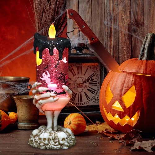 Ghost Snow Globe Flameless Candle with Timer - Skeleton Hand Halloween Decor - 4 Ghosts