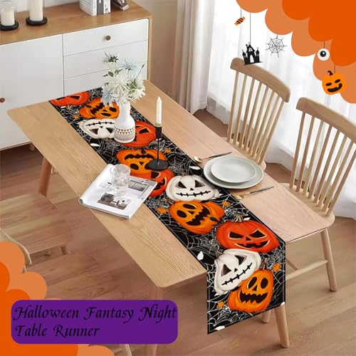 Halloween Pumpkins Table Runner - Orange Linen Fall Decor for Dining & Parties