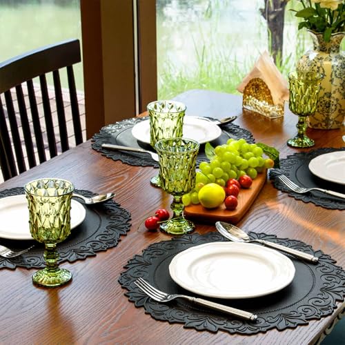 Round Faux Leather Placemats Set of 4 - Black Table Mats for Dining