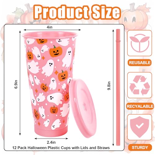 Pink Halloween Plastic Cups with Lids & Straws 24oz - Ghost & Pumpkin Design, Reusable Party Cups