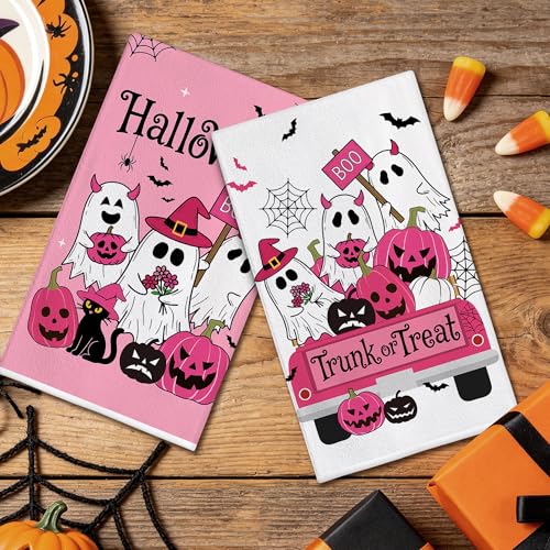 Pink Halloween Kitchen Towels - Ghost Hand Towels, Spooky Decor, Hexagram