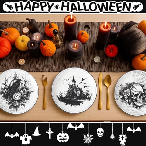 Halloween Ceramic Dinnerware Set - 4 Gothic Plates for Parties & Decor