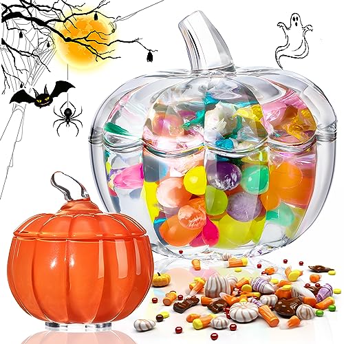 Halloween Glass Pumpkin Candy Jar Set with Lids - 2 Sizes, Clear & Orange