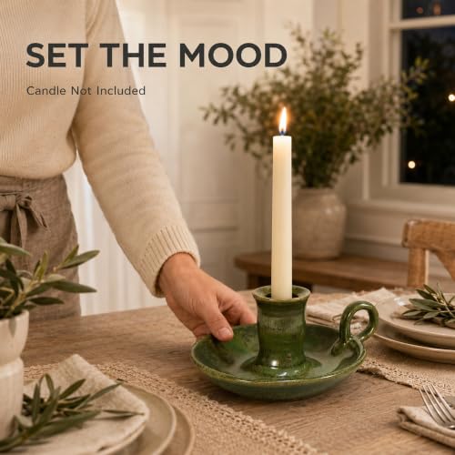 Green Reactive Glazed Ceramic Candle Holder with Handle - Taper & Spell Candles Stand