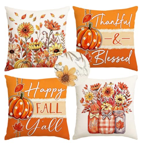 Outdoor Waterproof Pillow Covers Set of 4 20x20 Inches Fall Decor Orange