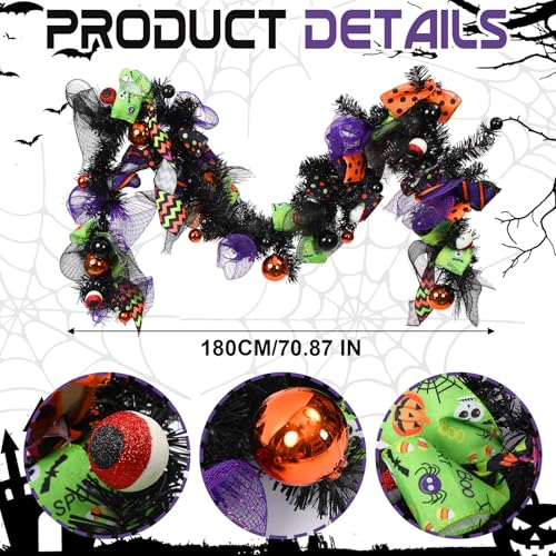 Halloween Garland for Mantle 6ft with Mesh Ribbon and Ornaments