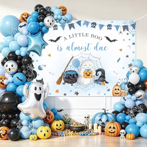 Halloween Baby Shower Backdrop 8x6ft Blue Baby Boo Ghost Photo Booth Decor