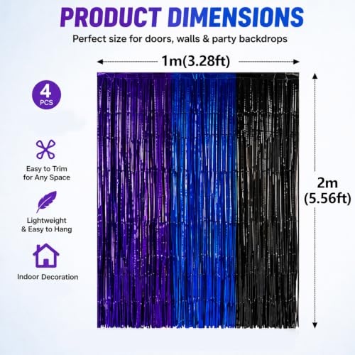 Gaming Foil Fringe Curtains Set - Blue Purple Black 13.2x6.6 ft 4 Pack