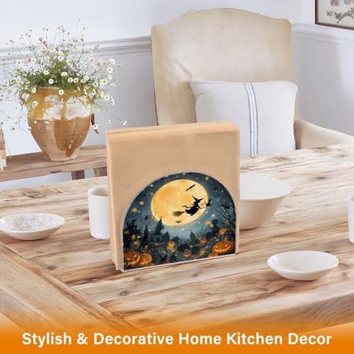 Halloween Witches Graveyard Pumpkins Napkin Holder - Yellow Acrylic Tabletop Dispenser for Kitchen & Dining - Halloween Party Decor
