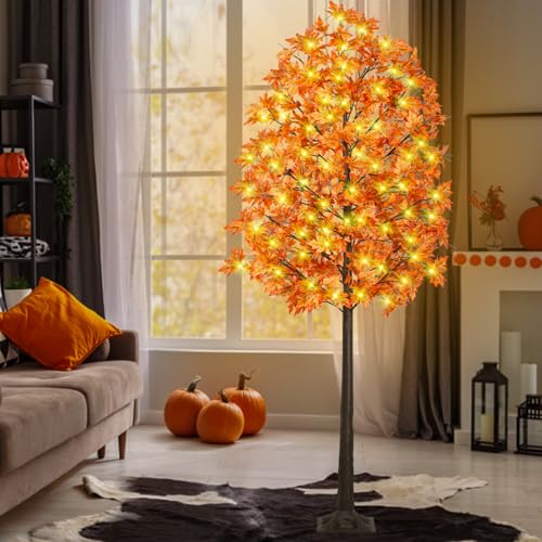 8ft Prelit Fall Maple Tree with 210 LEDs, Dimmable 8 Flash Modes, Autumn Decor