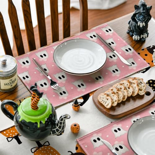 Pink Stripes Ghost Halloween Placemats Set of 4 - 12x18 Inch Rectangular