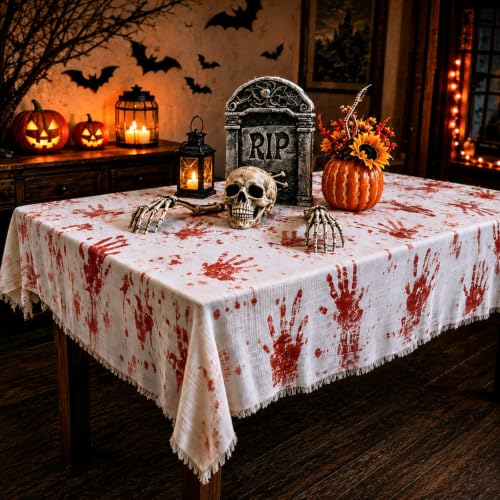 Large Bloody Handprint Halloween Tablecloth - Creepy Fake Blood Stained Cover, 84.6 x 108.3 Inches