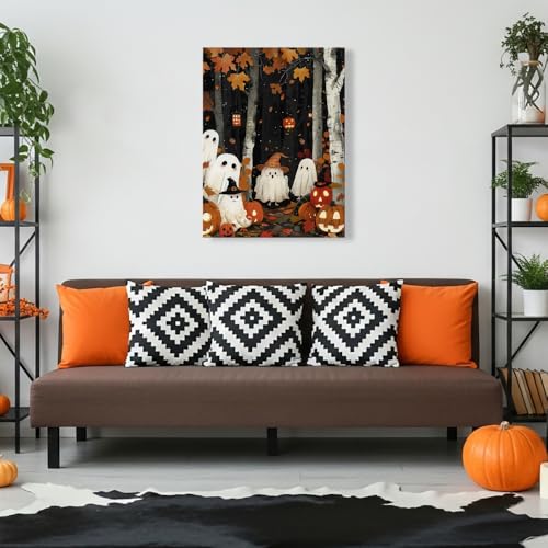 Halloween Ghost Wall Art Canvas - 24x32 Inch Framed Ghosts & Pumpkins Scene - Ghost Party Variation