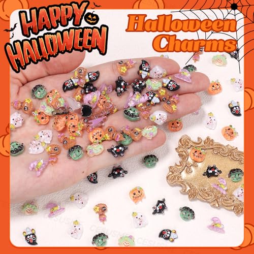 Halloween Nail Art Charms Set - 100 Assorted 3D Pumpkin Ghost Bats Resin Decorations