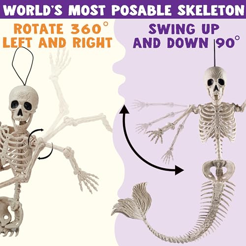 Mermaid Skeleton Halloween Decorations - Poseable 20-Inch Set of 4 - Indoor Outdoor Photo Props & Spooky Scene Favors - Variation of 4