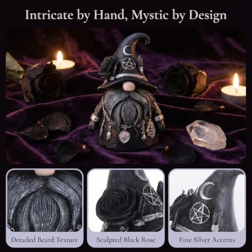 Gothic Witch Gnome Figurine - Black Gnome Statue for Halloween & Dark Decor