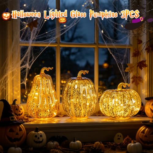 Gold Mercury Glass Pumpkin Lights Set - 3 LED Fall Halloween Porch Lanterns