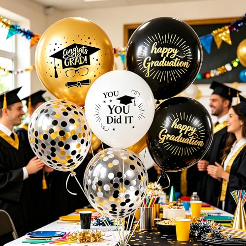 Printed Graduation Balloons 61pcs Black Gold Silver Confetti Latex Party Decorations