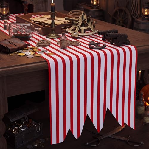 Pirate Table Runner Halloween Decorations Red White 71x12 Inches - Pirate Party Supplies