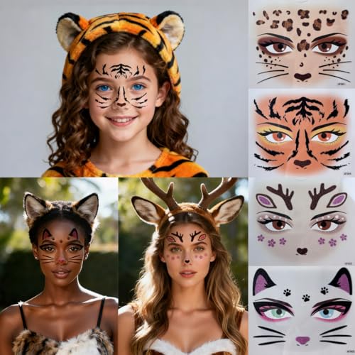 Animal Face Temporary Tattoo Stickers - Leopard, Tiger, Cat, Deer, Multicolour