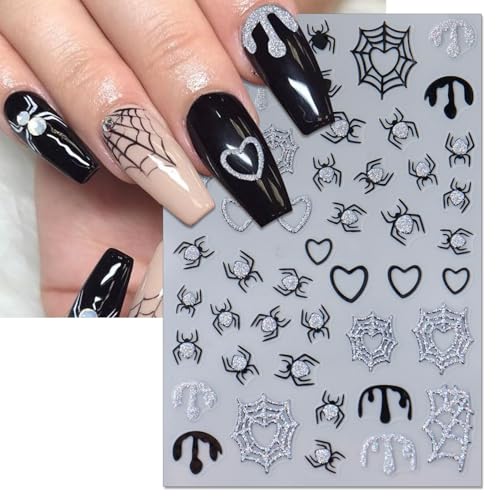 Halloween Nail Art Stickers - Silver Glitter Spider & Web Decals, 6 Sheets