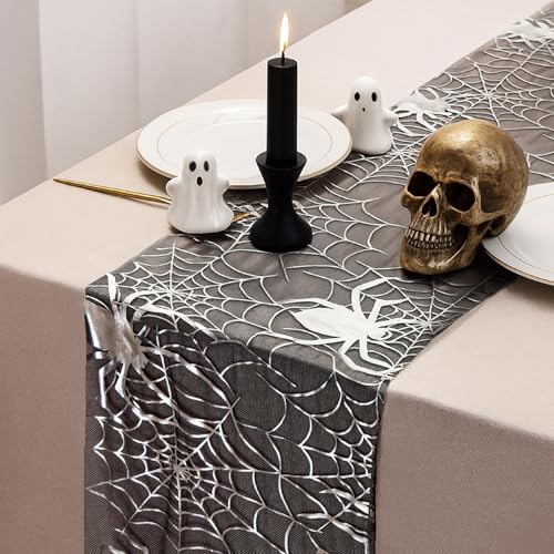 Halloween Table Runner Silver Spider Web Pattern 13x72 Inch Gothic Table Cover