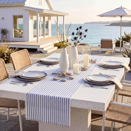 Blue Striped Table Runner 71x12 Inch Rustic Fringe Cotton Linen Decor