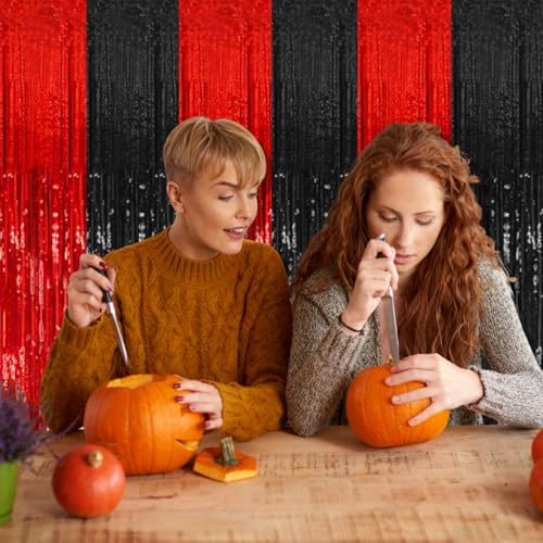 Black Red Foil Fringe Curtain Party Backdrop - 10 Pack, 39.4 x 78.7 inches
