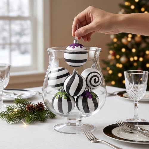 Medoore 24Pcs Gothic Black & White Christmas Ornaments with Purple & Green Glitter Drips - 2.36 Inch Hanging Balls for Halloween Xmas Tree & Party Decor