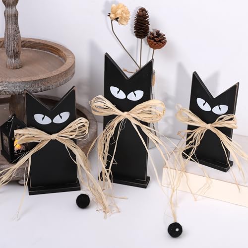 Set of 3 Rustic Wooden Black Cat Halloween Decor – Tiered Tray Farmhouse Accents