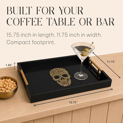Gothic Skull Serving Tray with Black Gloss Finish & Gold Handles - Variation: SKULL