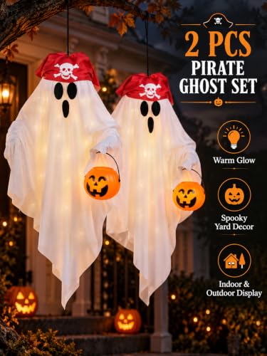 White Light Up Pirate Ghost Halloween Decorations - 2 Pack Hanging Porch Decor