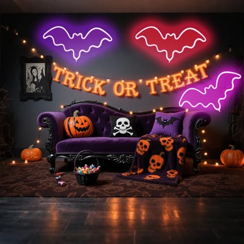 3 Pack LED Bat Neon Signs for Halloween Decor - Red Pink Purple Variations