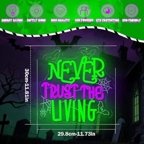 Never Trust The Living Neon Sign Halloween Wall Decor Dimmable Tombstone LED Sign Gothic Haunted House