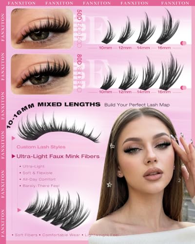FANXITON Dramatic Fairy Lash Clusters - 50D/80D C-50D 80D, 10-16mm, AirFlex Band