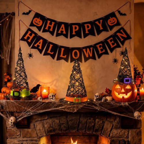 Lighted Halloween Rattan Witch Hat Table Decor Set with Belt - 3 Sizes