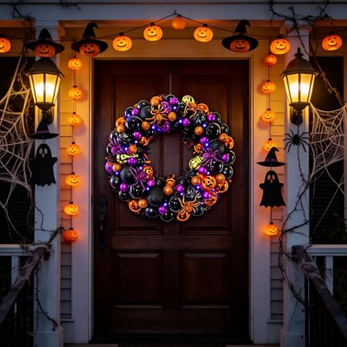 17 Inch Halloween Wreath with Lights - Spooky Front Door Decor - Trick-or-Treat Season
