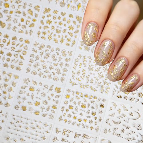 Gold Nail Art Stickers Decals Set - Style-13, 30 Sheets Self-Adhesive Flower & Leaf Designs for Nails