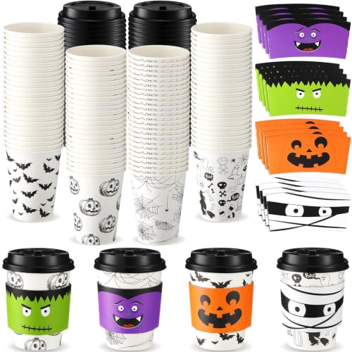 Umigy 24 Pack Halloween Bat Style Disposable Coffee Cups 12 oz with Lids & Sleeves